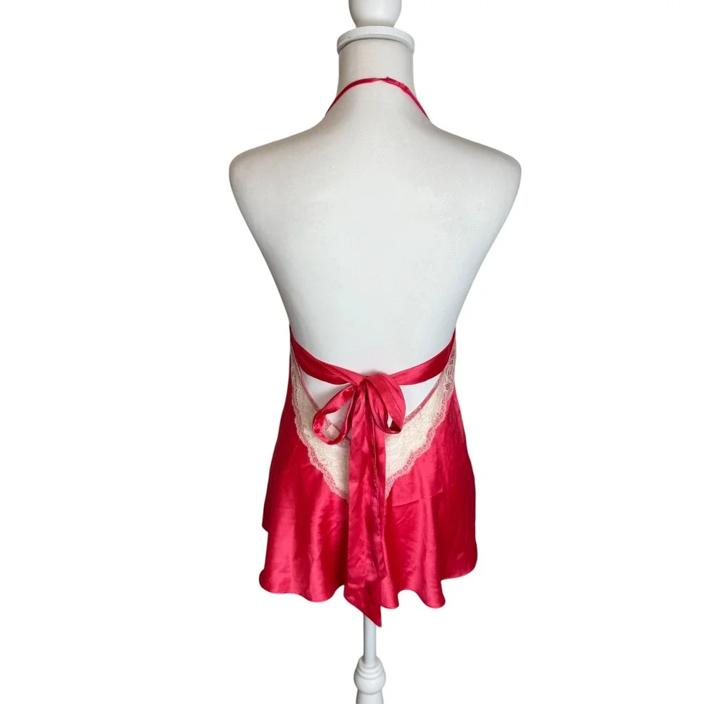 Victoria's Secret Pink Satin Lace Babydoll Chemise Halter Tie Back Camisole M